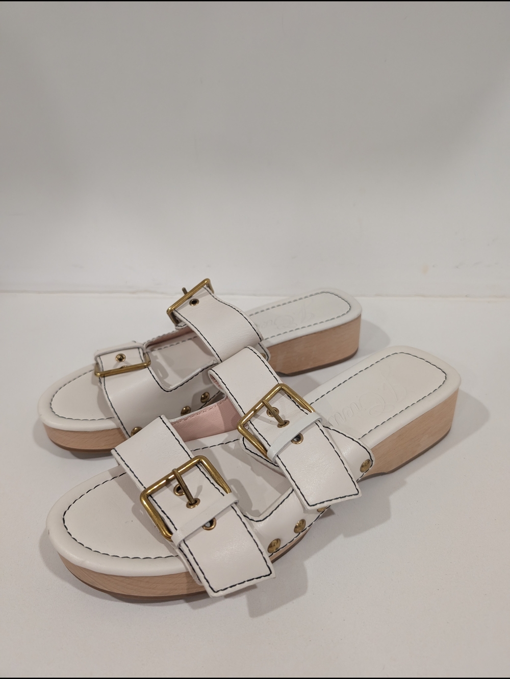 J.Crew White Double-Buckle Slide Sandals with Gold Hardware